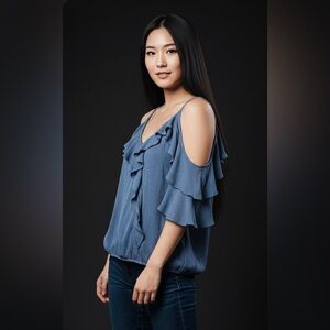 Moa Moa blue ruffle cold shoulder top Large